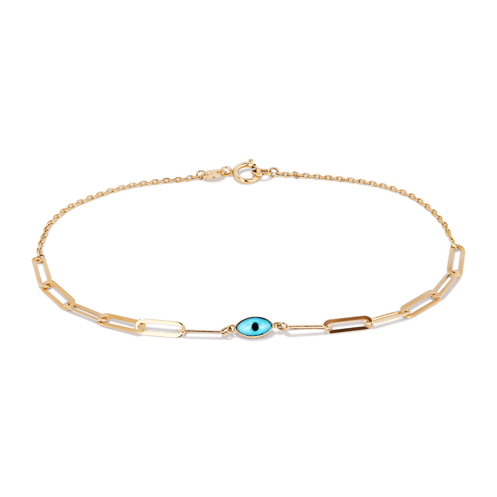 19cm Enamel Evil Eye Paperclip Bracelet in 9kt Yellow Gold Bracelets Bevilles 