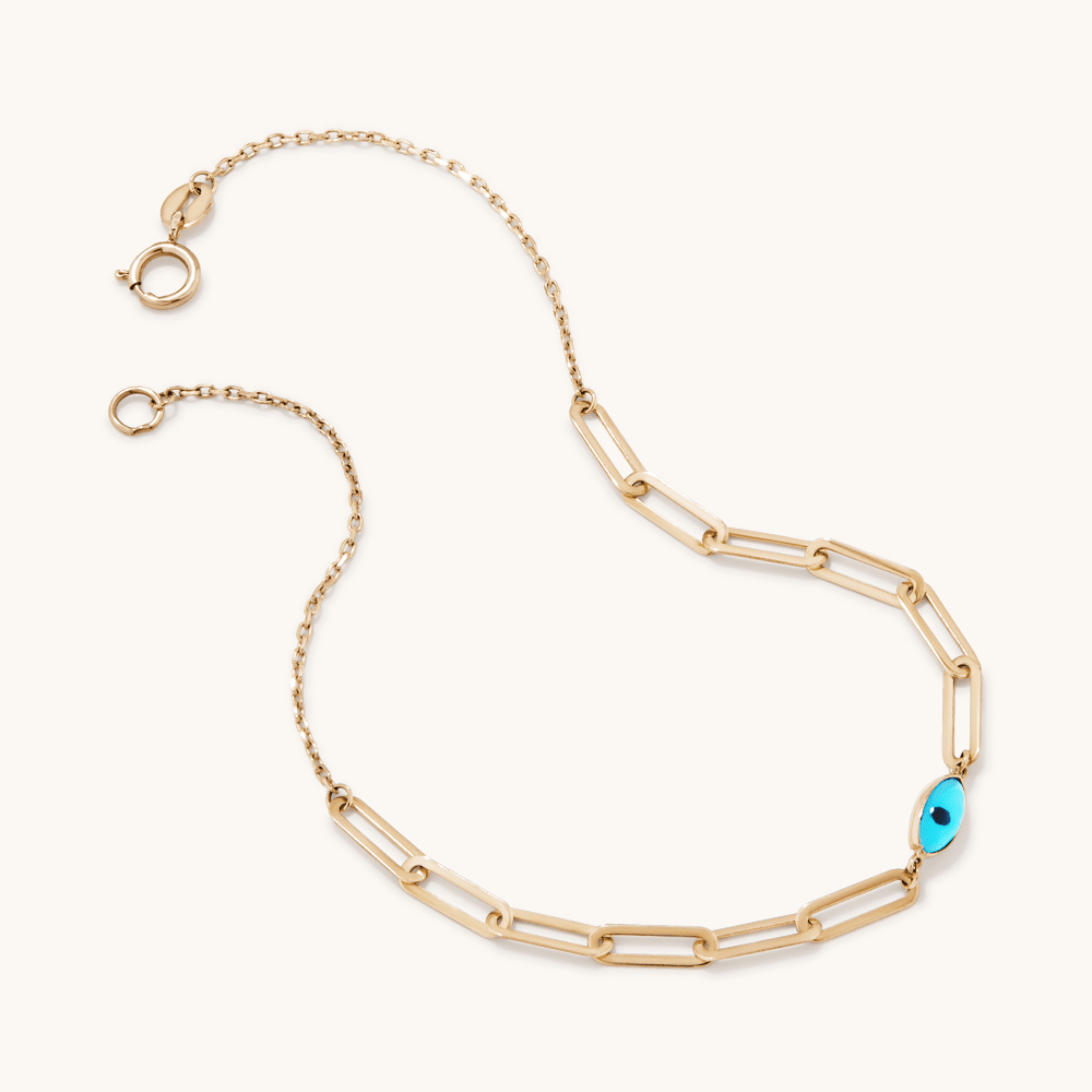 19cm Enamel Evil Eye Paperclip Bracelet in 9kt Yellow Gold Bracelets Bevilles 