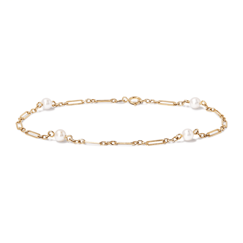 19cm Pearl Station Figaro Bracelet in 9kt Yellow Gold Bracelets Bevilles 