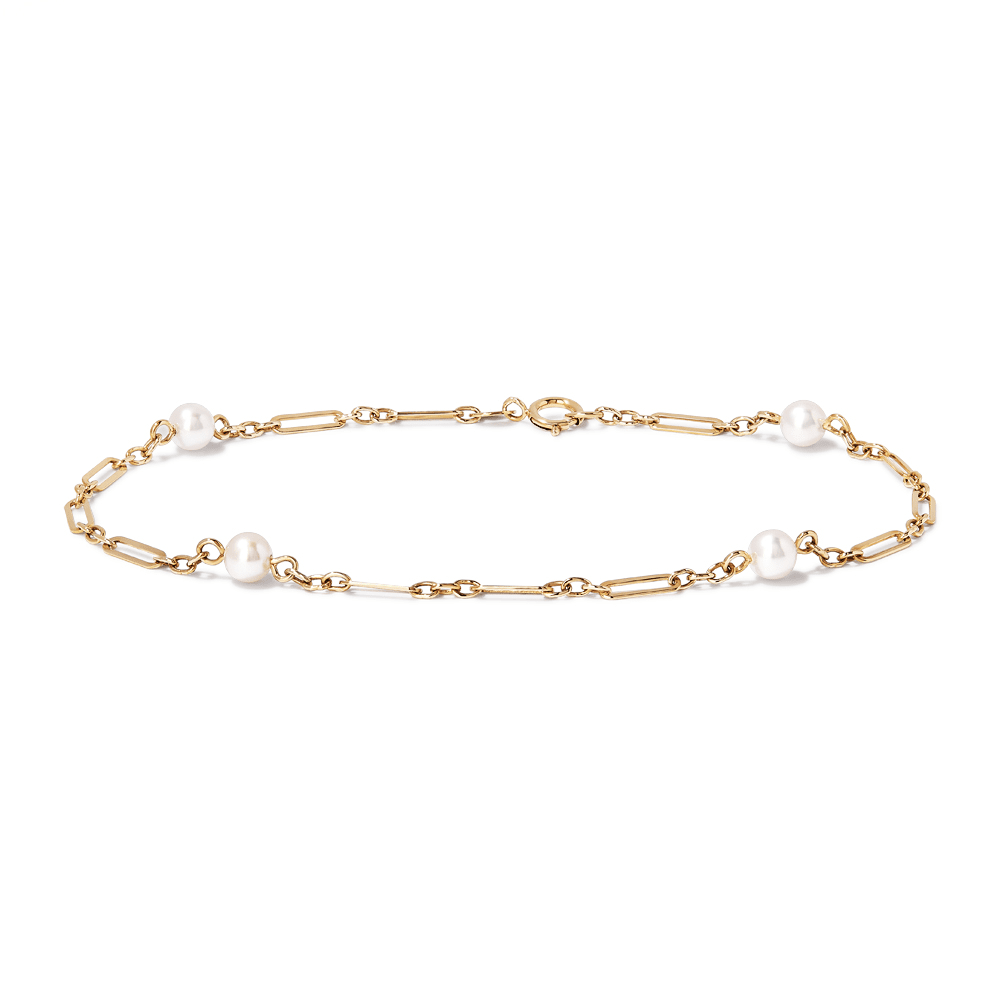 19cm Pearl Station Figaro Bracelet in 9kt Yellow Gold Bracelets Bevilles 