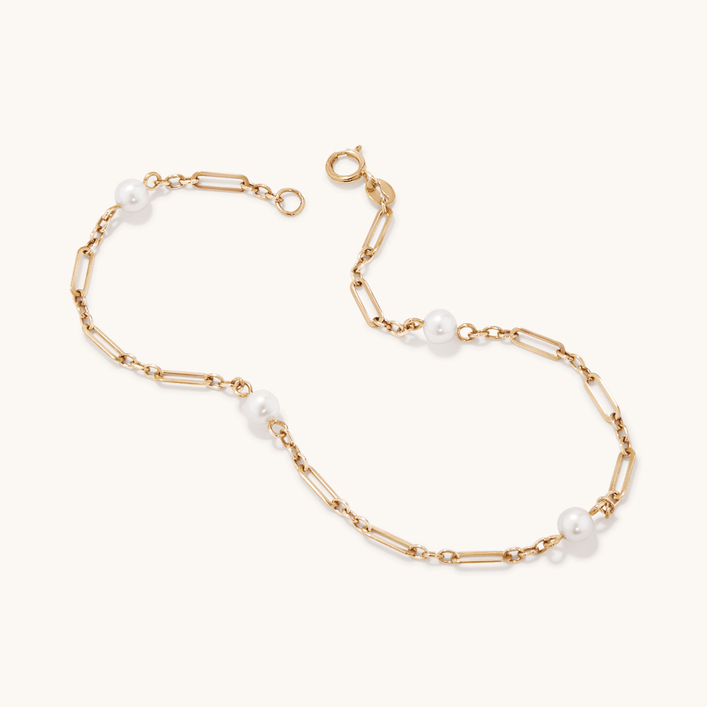 19cm Pearl Station Figaro Bracelet in 9kt Yellow Gold Bracelets Bevilles 