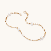 19cm Pearl Station Figaro Bracelet in 9kt Yellow Gold Bracelets Bevilles 