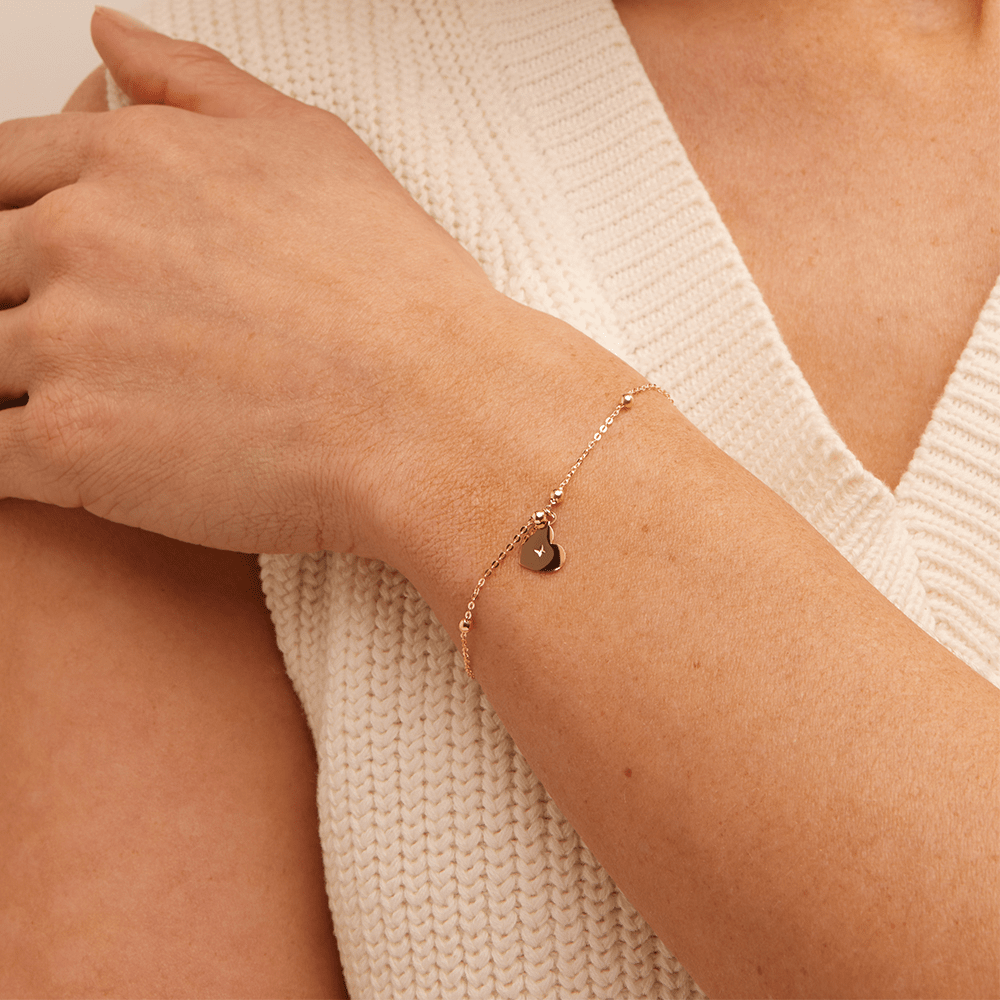 19cm Ball Station Bracelet with Heart Charm in 9kt Yellow Gold Bracelets Bevilles 