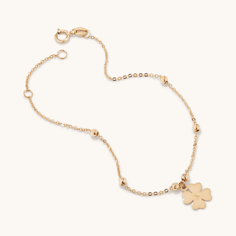 19cm Ball Station Bracelet with Clover Charm in 9kt Yellow Gold Bracelets Bevilles 