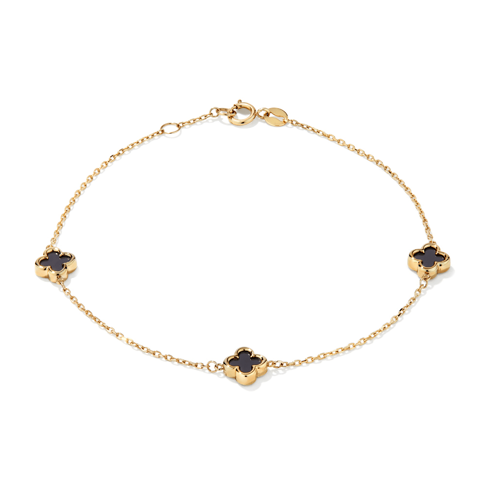 19cm Onyx Clover Station Bracelet in 9kt Yellow Gold Bracelets Bevilles 
