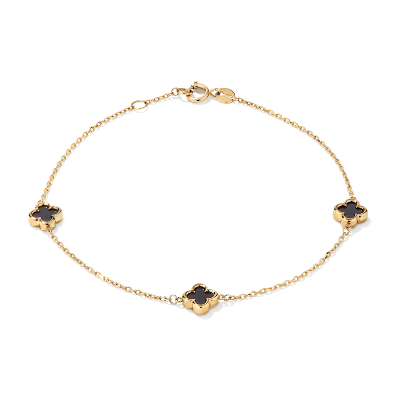 19cm Onyx Clover Station Bracelet in 9kt Yellow Gold Bracelets Bevilles 