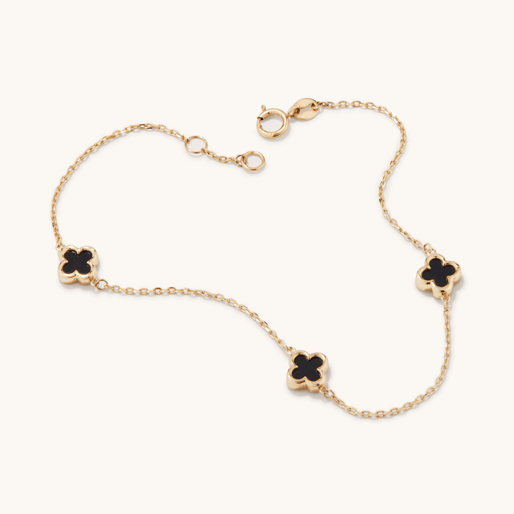 19cm Onyx Clover Station Bracelet in 9kt Yellow Gold Bracelets Bevilles 