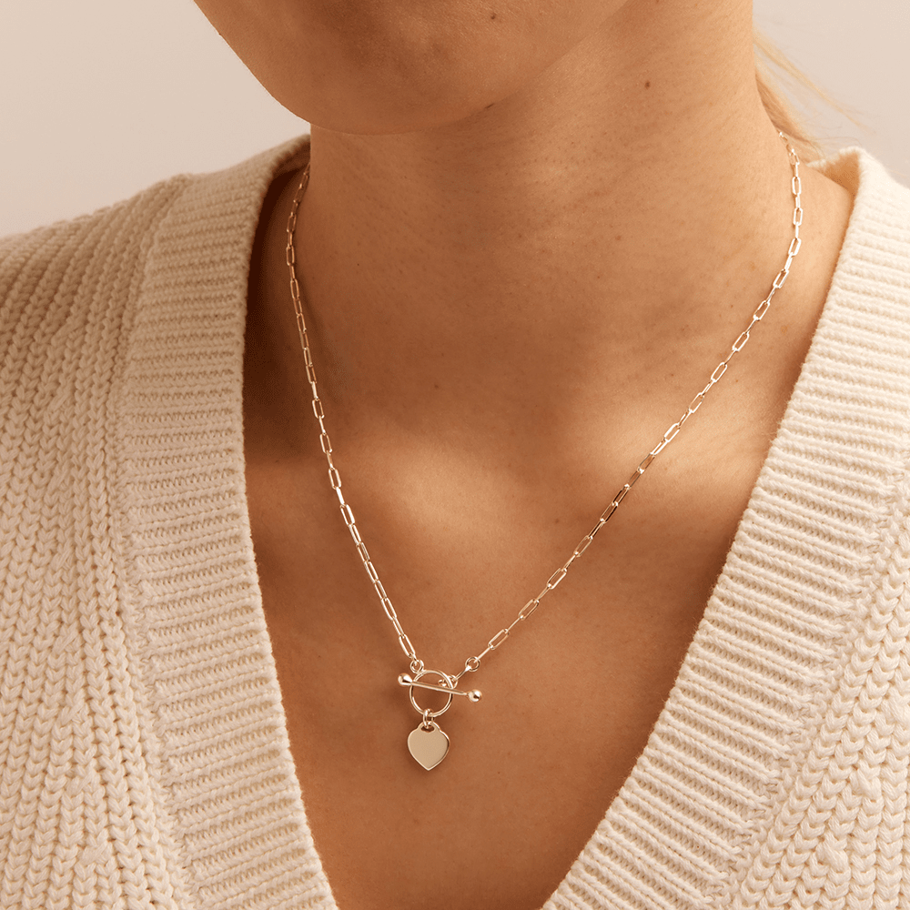 45cm T-Bar Heart Pendant Paperclip Necklace in Sterling Silver Necklaces Bevilles 