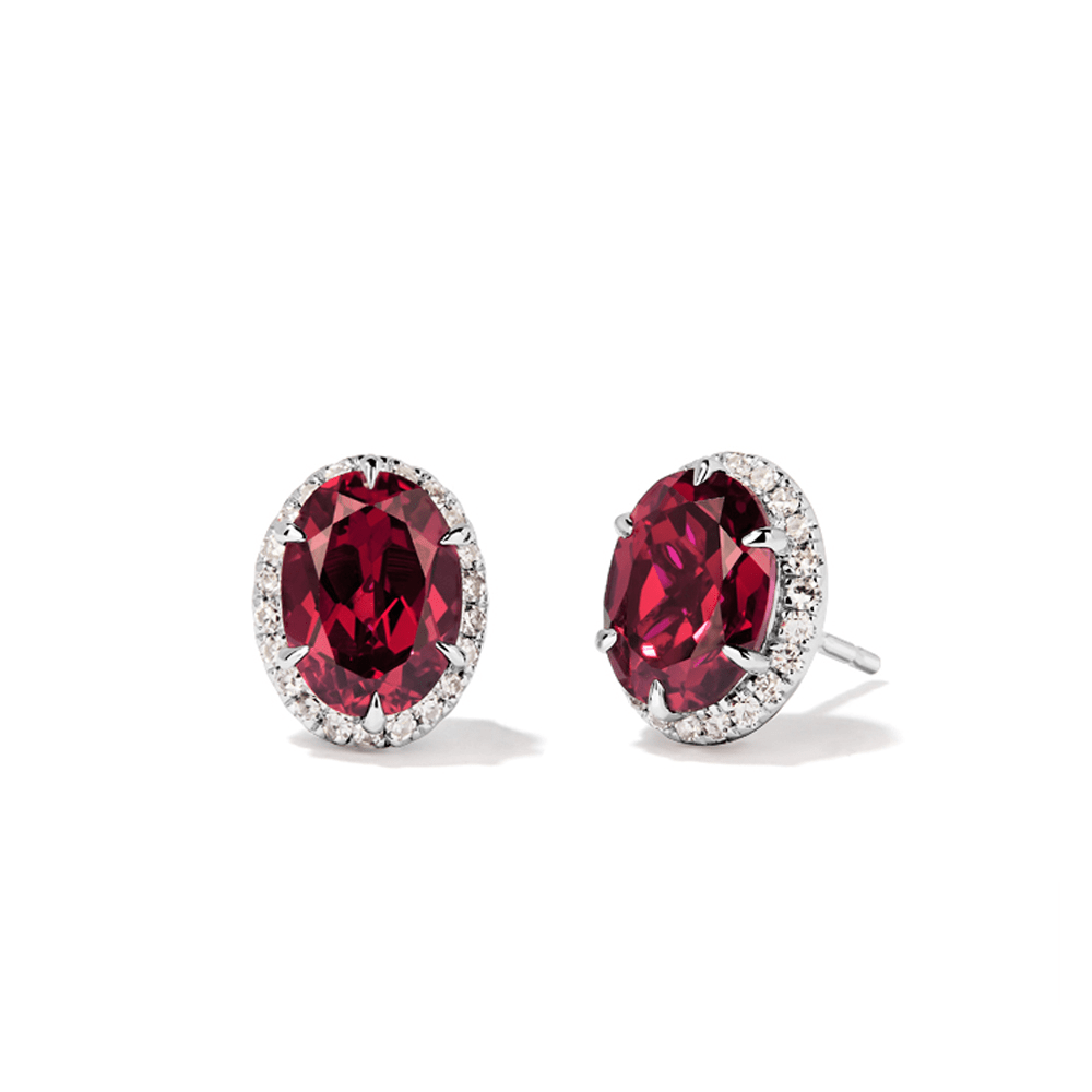 Oval Halo Created Ruby Stud Earrings with 0.22tw of Laboratory-Grown Diamonds in Sterling Silver and Platinum Earrings Bevilles 