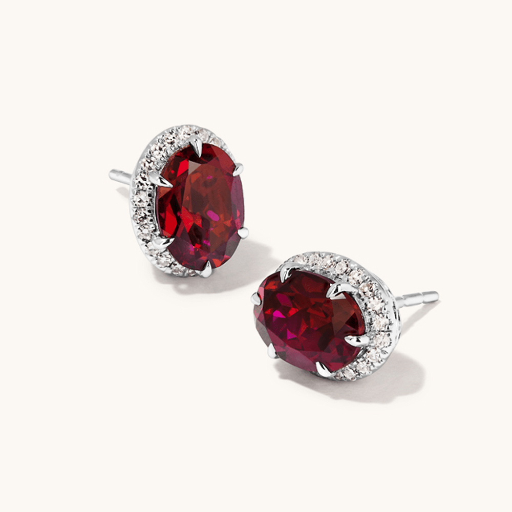 Oval Halo Created Ruby Stud Earrings with 0.22tw of Laboratory-Grown Diamonds in Sterling Silver and Platinum Earrings Bevilles 