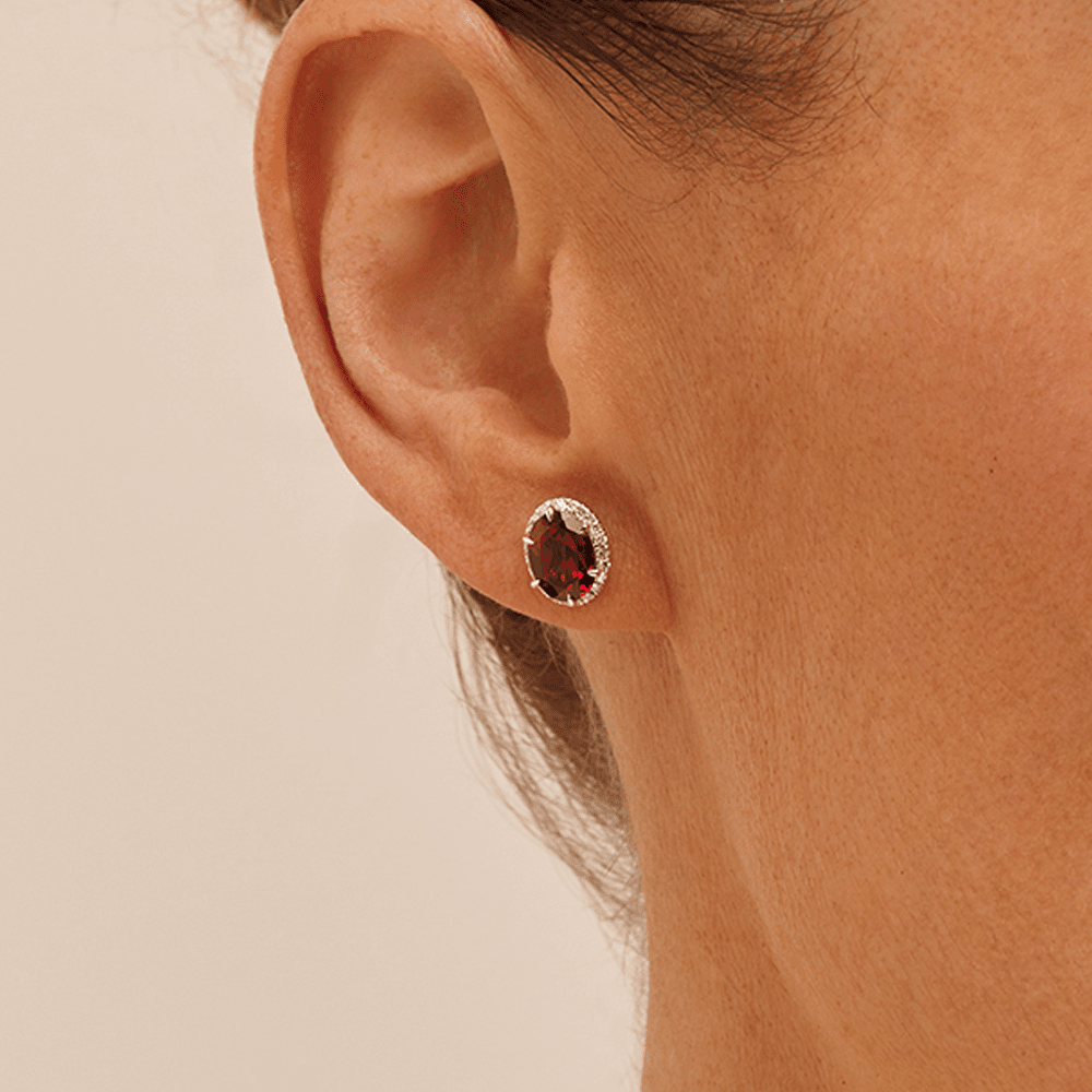 Oval Halo Created Ruby Stud Earrings with 0.22tw of Laboratory-Grown Diamonds in Sterling Silver and Platinum Earrings Bevilles 