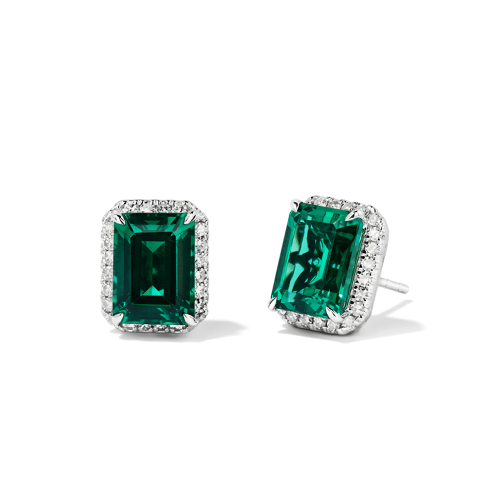 Created Emerald Halo Stud Earrings with 0.22tw of Laboratory Created Diamonds in Sterling Silver and Platinum Earrings Bevilles 