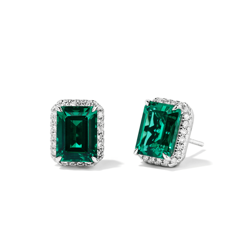 Created Emerald Halo Stud Earrings with 0.22tw of Laboratory Created Diamonds in Sterling Silver and Platinum Earrings Bevilles 