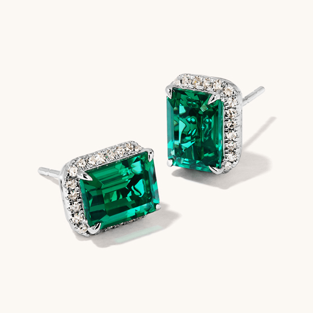 Created Emerald Halo Stud Earrings with 0.22tw of Laboratory Created Diamonds in Sterling Silver and Platinum Earrings Bevilles 