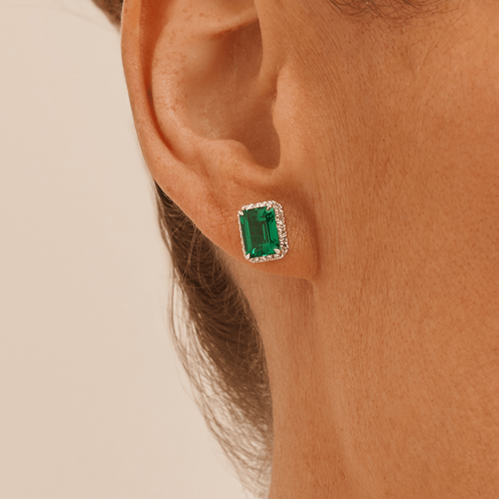 Created Emerald Halo Stud Earrings with 0.22tw of Laboratory Created Diamonds in Sterling Silver and Platinum Earrings Bevilles 