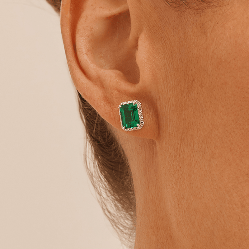 Created Emerald Halo Stud Earrings with 0.22tw of Laboratory Created Diamonds in Sterling Silver and Platinum Earrings Bevilles 