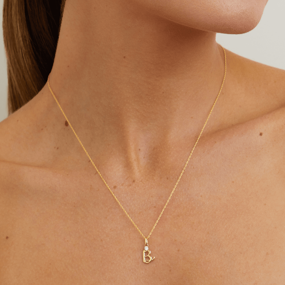 Initial B Pendant with Solitaire 0.05ct Laboratory-Grown Diamond in 9kt Yellow Gold Pendants Bevilles 