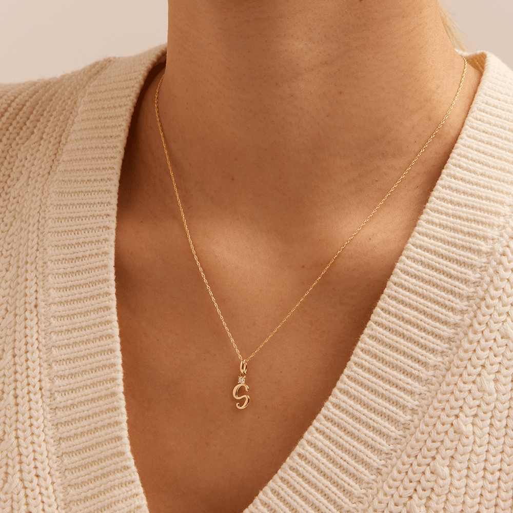 Initial S Pendant with 0.05ct of Laboratory-Grown Diamonds in 9kt Yellow Gold Pendants Bevilles 