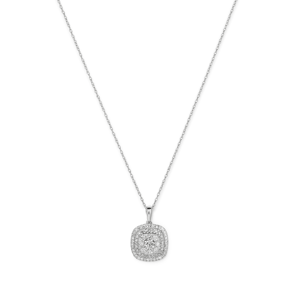 45cm Cushion Shaped Cluster Halo Pendant Necklace with 0.70tw of Laboratory-Grown Diamonds in Sterling Silver and Platinum Pendants Bevilles 