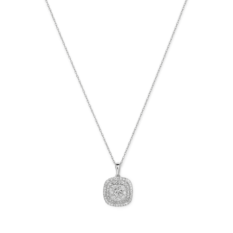 45cm Cushion Shaped Cluster Halo Pendant Necklace with 0.70tw of Laboratory-Grown Diamonds in Sterling Silver and Platinum Pendants Bevilles 