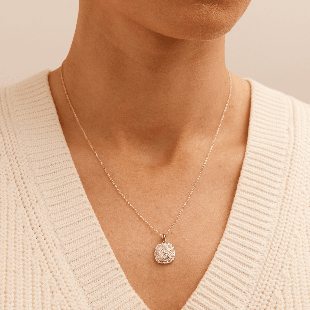 45cm Cushion Shaped Cluster Halo Pendant Necklace with 0.70tw of Laboratory-Grown Diamonds in Sterling Silver and Platinum Pendants Bevilles 