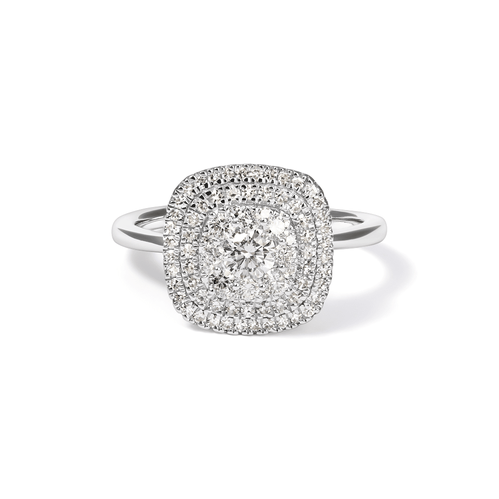 Cushion Shaped Cluster Halo Ring with 0.70tw of Laboratory-Grown Diamonds in Sterling Silver and Platinum Rings Bevilles 