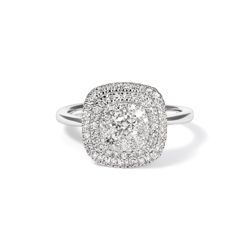 Cushion Shaped Cluster Halo Ring with 0.70tw of Laboratory-Grown Diamonds in Sterling Silver and Platinum Rings Bevilles 