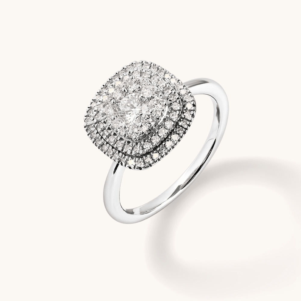 Cushion Shaped Cluster Halo Ring with 0.70tw of Laboratory-Grown Diamonds in Sterling Silver and Platinum Rings Bevilles 