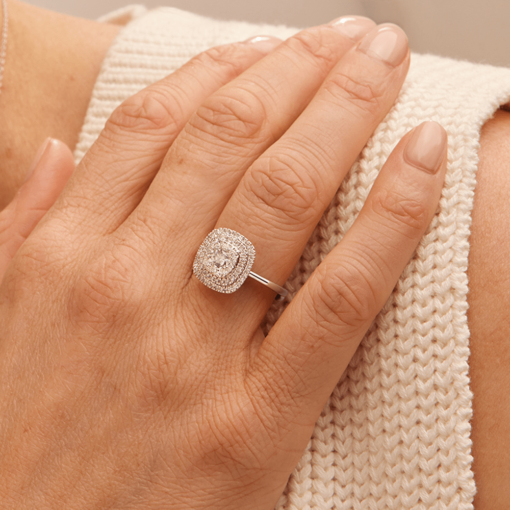 Cushion Shaped Cluster Halo Ring with 0.70tw of Laboratory-Grown Diamonds in Sterling Silver and Platinum Rings Bevilles 