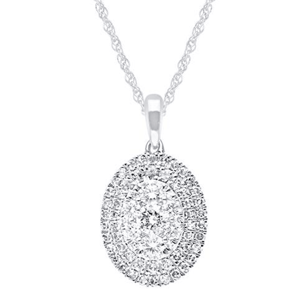 45cm Oval Shaped Cluster Halo Pendant Necklace with 0.75tw of Laboratory-Grown Diamonds in Sterling Silver and Platinum Pendants Bevilles 