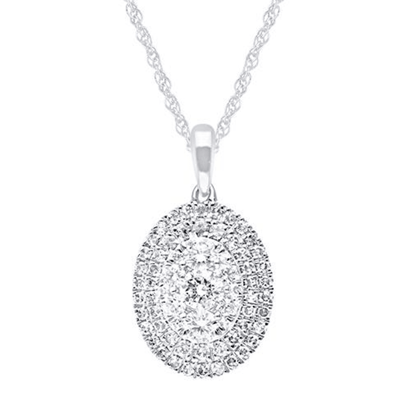 45cm Oval Shaped Cluster Halo Pendant Necklace with 0.75tw of Laboratory-Grown Diamonds in Sterling Silver and Platinum Pendants Bevilles 