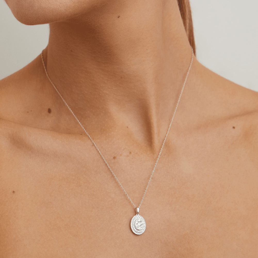 45cm Oval Shaped Cluster Halo Pendant Necklace with 0.75tw of Laboratory-Grown Diamonds in Sterling Silver and Platinum Pendants Bevilles 