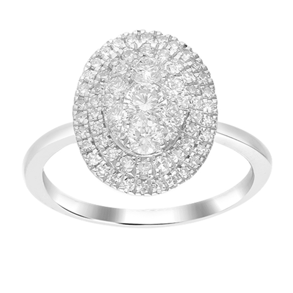 Oval Shaped Cluster Halo Ring with 0.75tw of Laboratory-Grown Diamonds in Sterling Silver and Platinum Rings Bevilles 