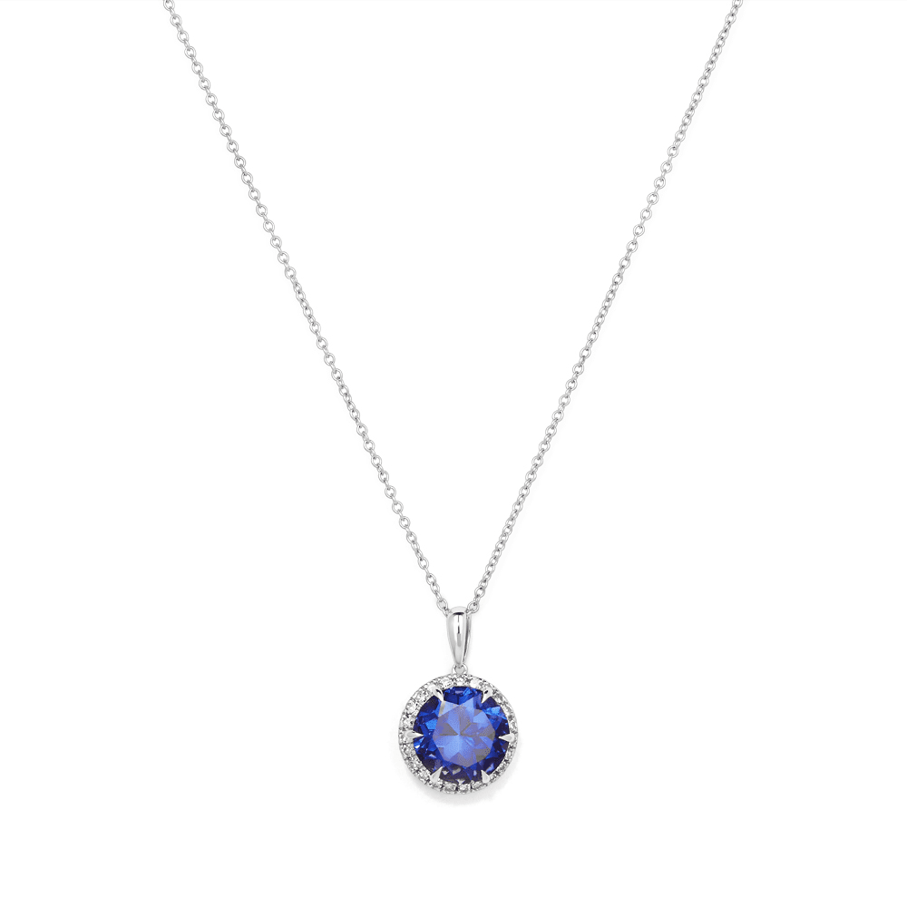 45cm Created Sapphire Necklace with 0.18tw of Laboratory-Grown Diamonds in Sterling Silver and Platinum Pendants Bevilles 