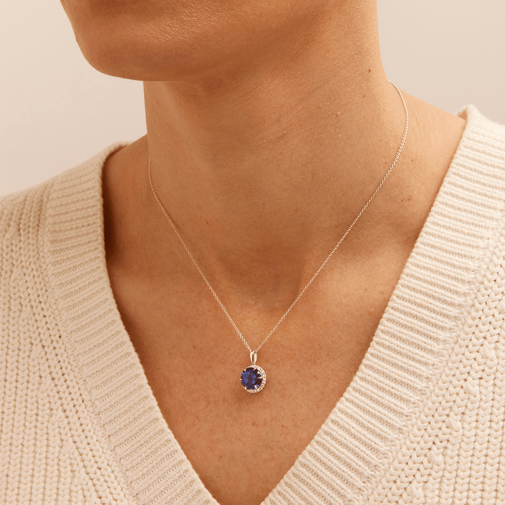 45cm Created Sapphire Necklace with 0.18tw of Laboratory-Grown Diamonds in Sterling Silver and Platinum Pendants Bevilles 