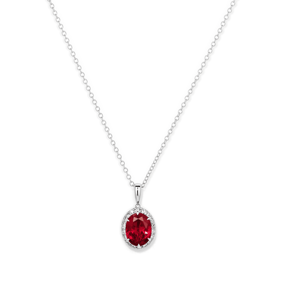45cm Oval Created Ruby Necklace with 0.18tw of Laboratory-Grown Diamonds in Sterling Silver and Platinum Pendants Bevilles 