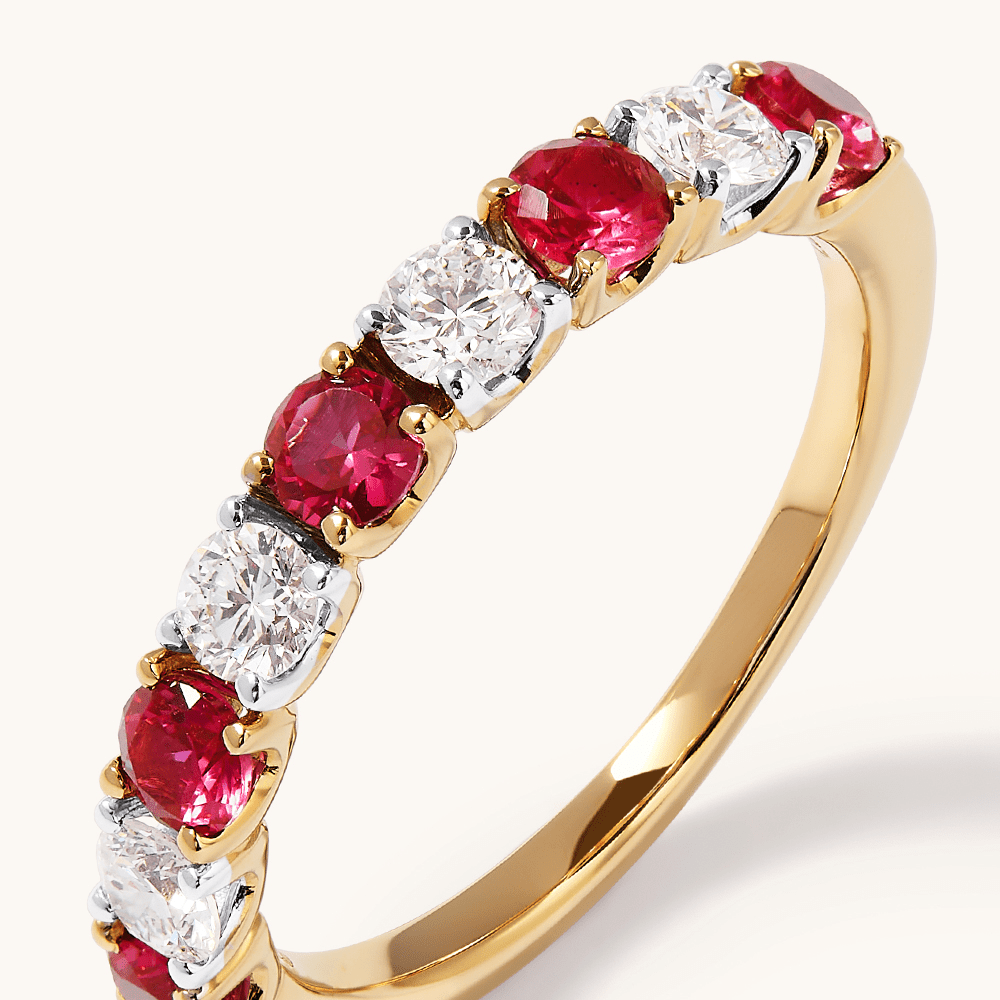 Alternating Created Ruby Ring with 0.40tw of Laboratory-Grown Diamonds in 9kt Yellow Gold Rings Bevilles 