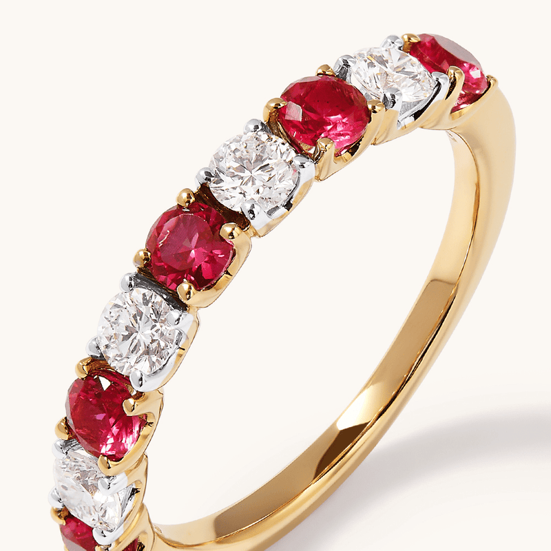 Alternating Created Ruby Ring with 0.40tw of Laboratory-Grown Diamonds in 9kt Yellow Gold Rings Bevilles 