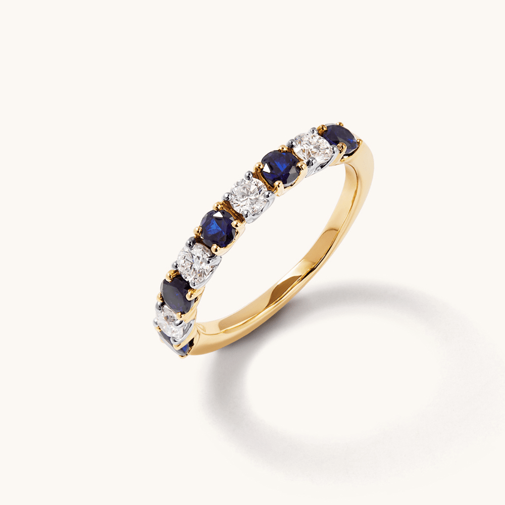 Alternating Created Sapphire Ring with 0.40tw of Laboratory-Grown Diamonds in 9kt Yellow Gold Rings Bevilles 