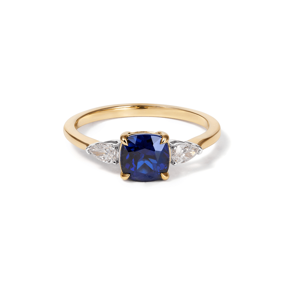 Three Stone Ring with Created Sapphire and 0.20tw of Laboratory-Grown Diamonds in 9kt Yellow Gold Rings Bevilles 