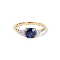 Three Stone Ring with Created Sapphire and 0.20tw of Laboratory-Grown Diamonds in 9kt Yellow Gold Rings Bevilles 