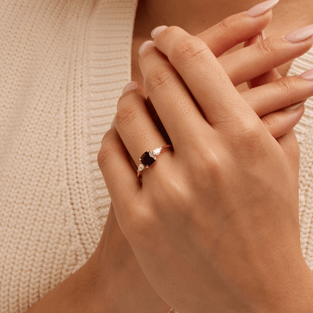 Three Stone Ring with Created Sapphire and 0.20tw of Laboratory-Grown Diamonds in 9kt Yellow Gold Rings Bevilles 