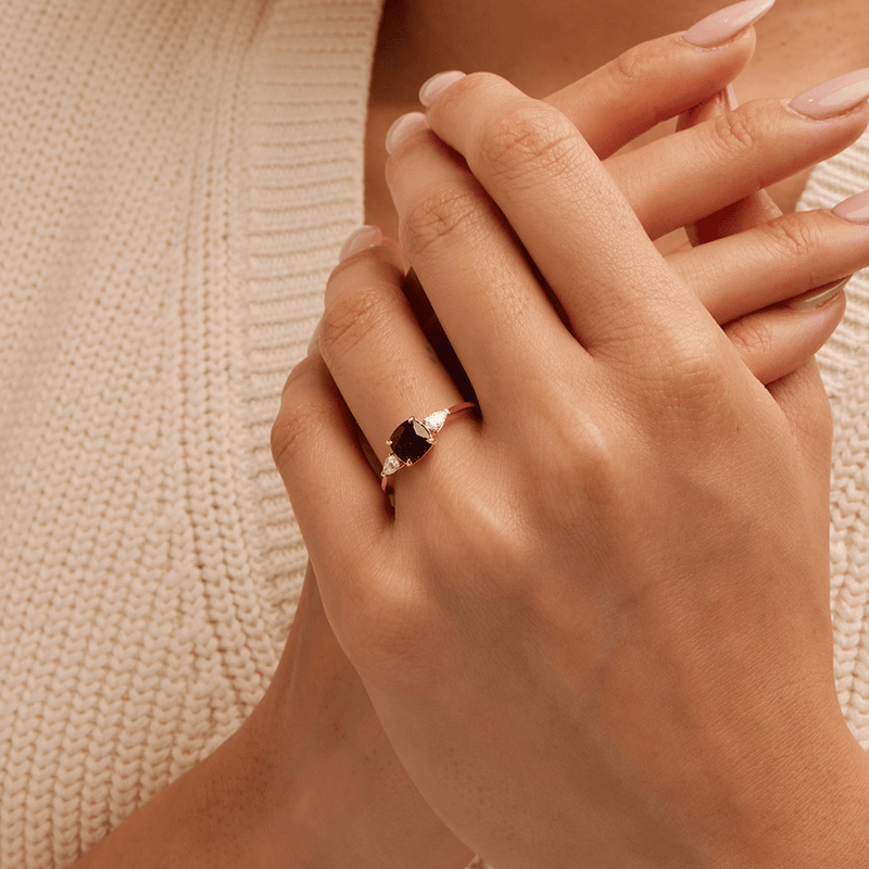 Three Stone Ring with Created Sapphire and 0.20tw of Laboratory-Grown Diamonds in 9kt Yellow Gold Rings Bevilles 