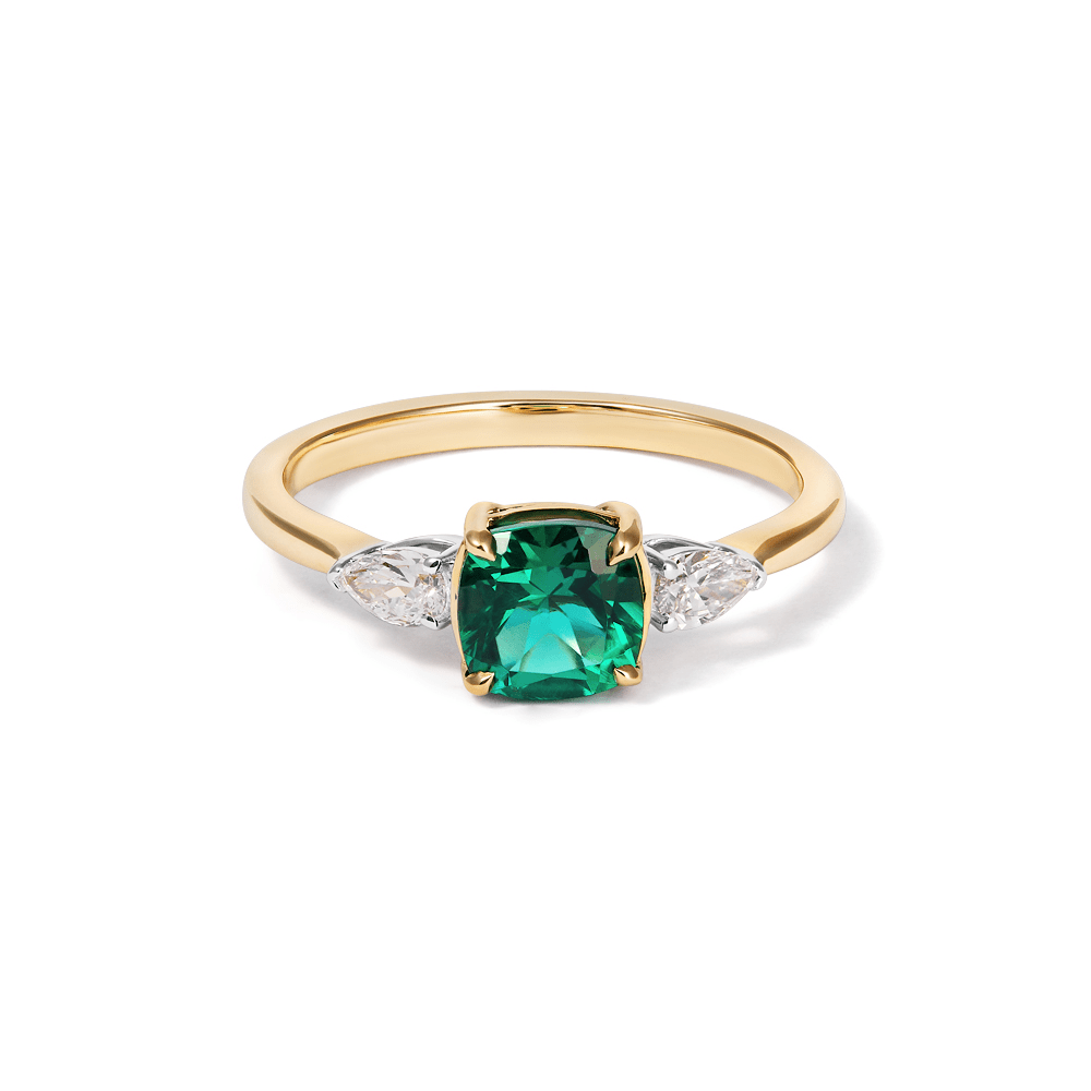 Three Stone Ring with Created Emerald and 0.20tw of Laboratory-Grown Diamonds in 9kt Yellow Gold Rings Bevilles 