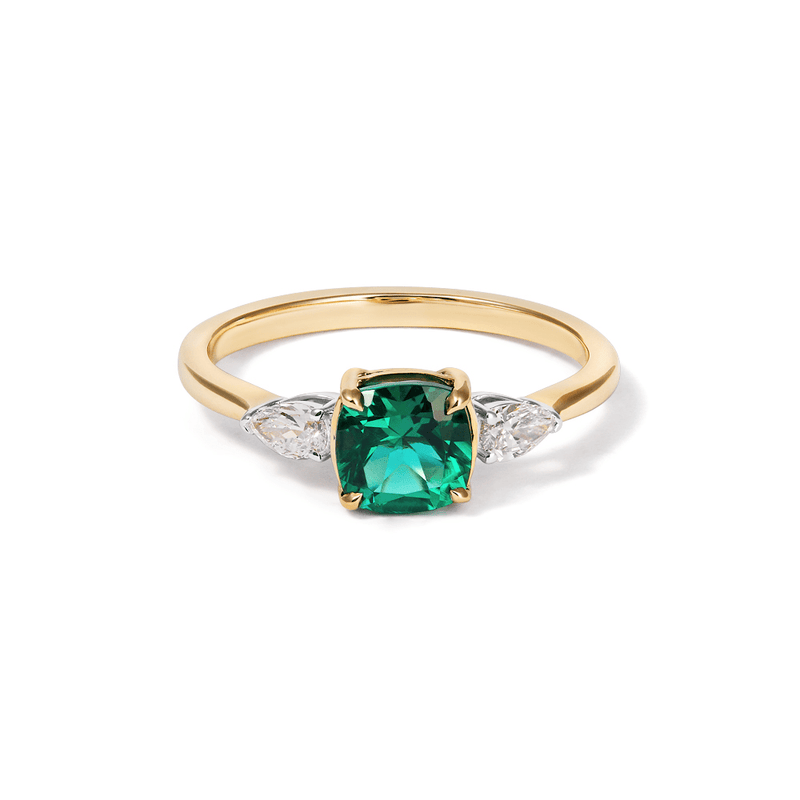 Three Stone Ring with Created Emerald and 0.20tw of Laboratory-Grown Diamonds in 9kt Yellow Gold Rings Bevilles 