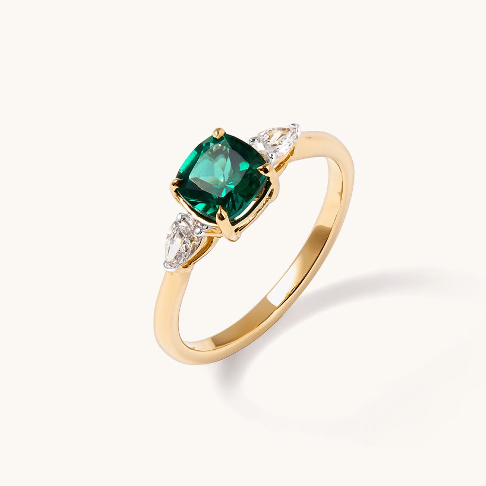 Three Stone Ring with Created Emerald and 0.20tw of Laboratory-Grown Diamonds in 9kt Yellow Gold Rings Bevilles 