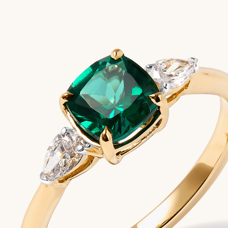 Three Stone Ring with Created Emerald and 0.20tw of Laboratory-Grown Diamonds in 9kt Yellow Gold Rings Bevilles 