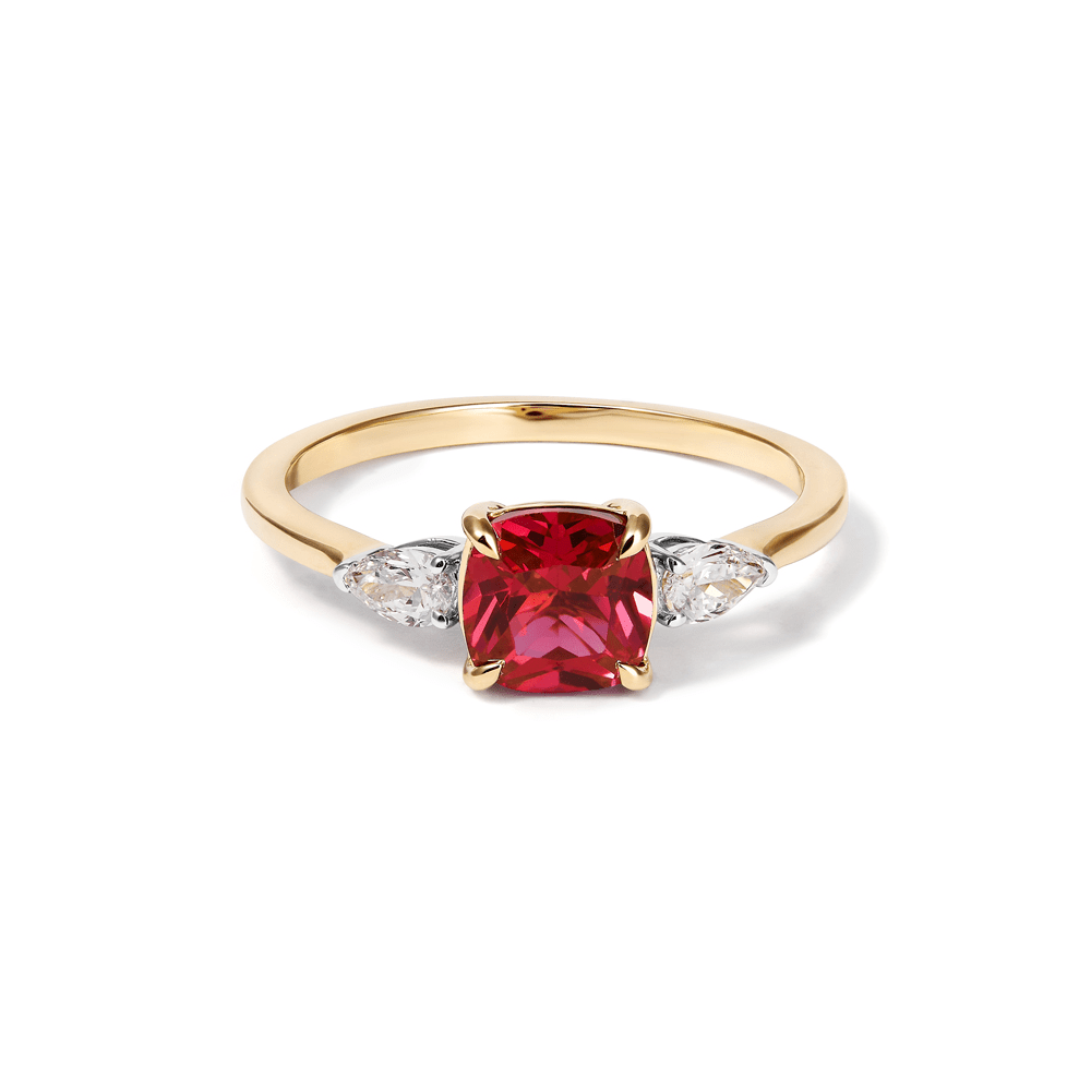 Three Stone Ring with Created Ruby and 0.20tw of Laboratory-Grown Diamonds in 9kt Yellow Gold Rings Bevilles 