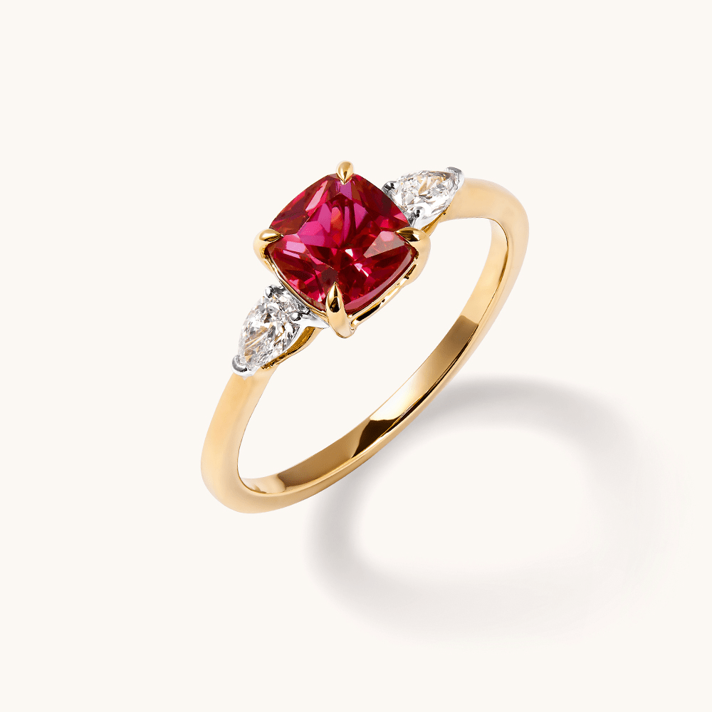 Three Stone Ring with Created Ruby and 0.20tw of Laboratory-Grown Diamonds in 9kt Yellow Gold Rings Bevilles 