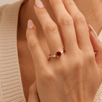 Three Stone Ring with Created Ruby and 0.20tw of Laboratory-Grown Diamonds in 9kt Yellow Gold Rings Bevilles 